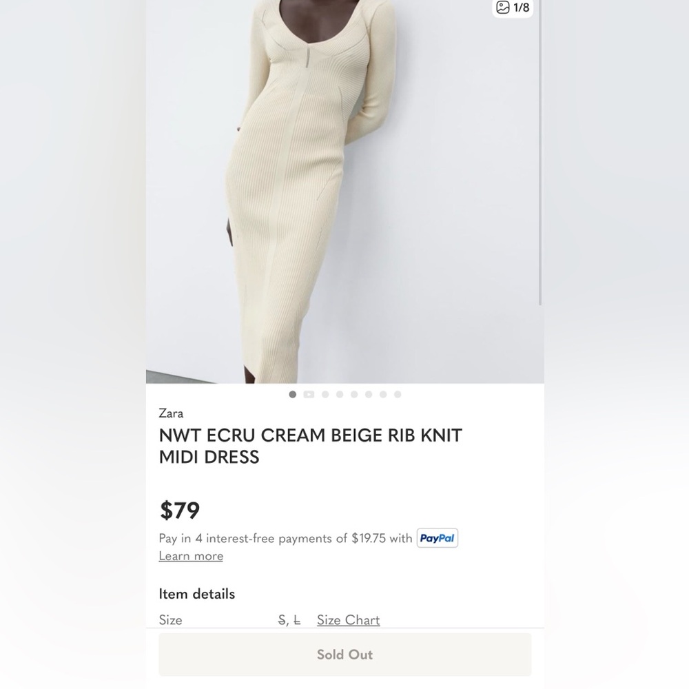 Rare Zara Ecru Ribbed Knit Midi Dress Sculpting Long Sleeve Bodycon Cream Beige - Picture 14 of 14